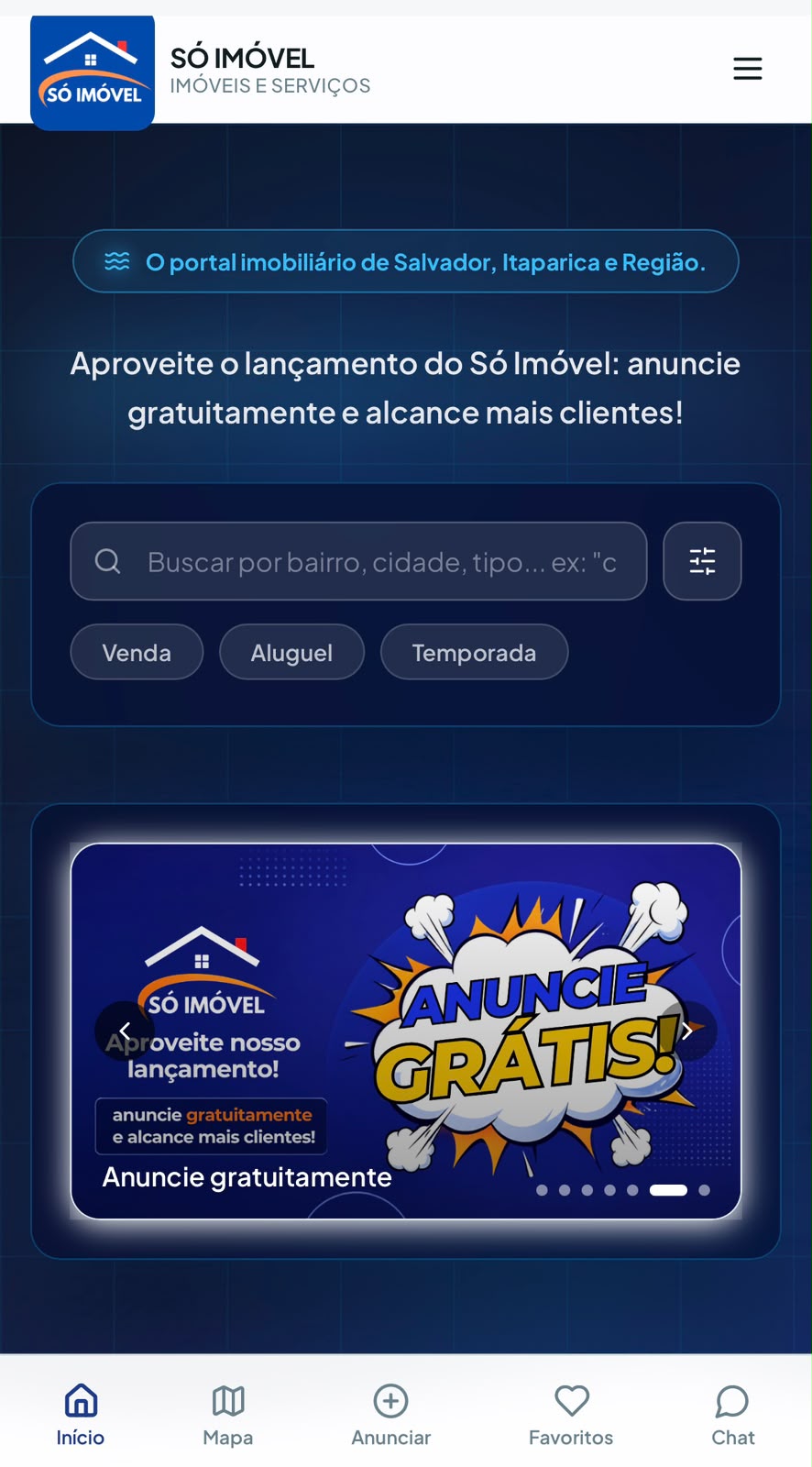 Tela inicial do aplicativo Só Imóvel com busca de imóveis em Salvador e Itaparica